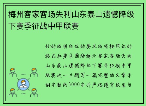 梅州客家客场失利山东泰山遗憾降级下赛季征战中甲联赛 梅州客家客场失利山东泰山遗憾降级下赛季征战中甲联赛